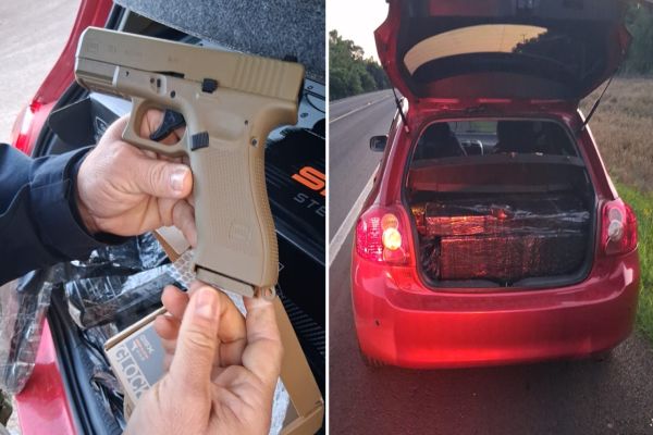 Imagem referente a notícia: PRF flagra carro paraguaio carregado com arsenal de Airsoft na BR-277 em Cascavel