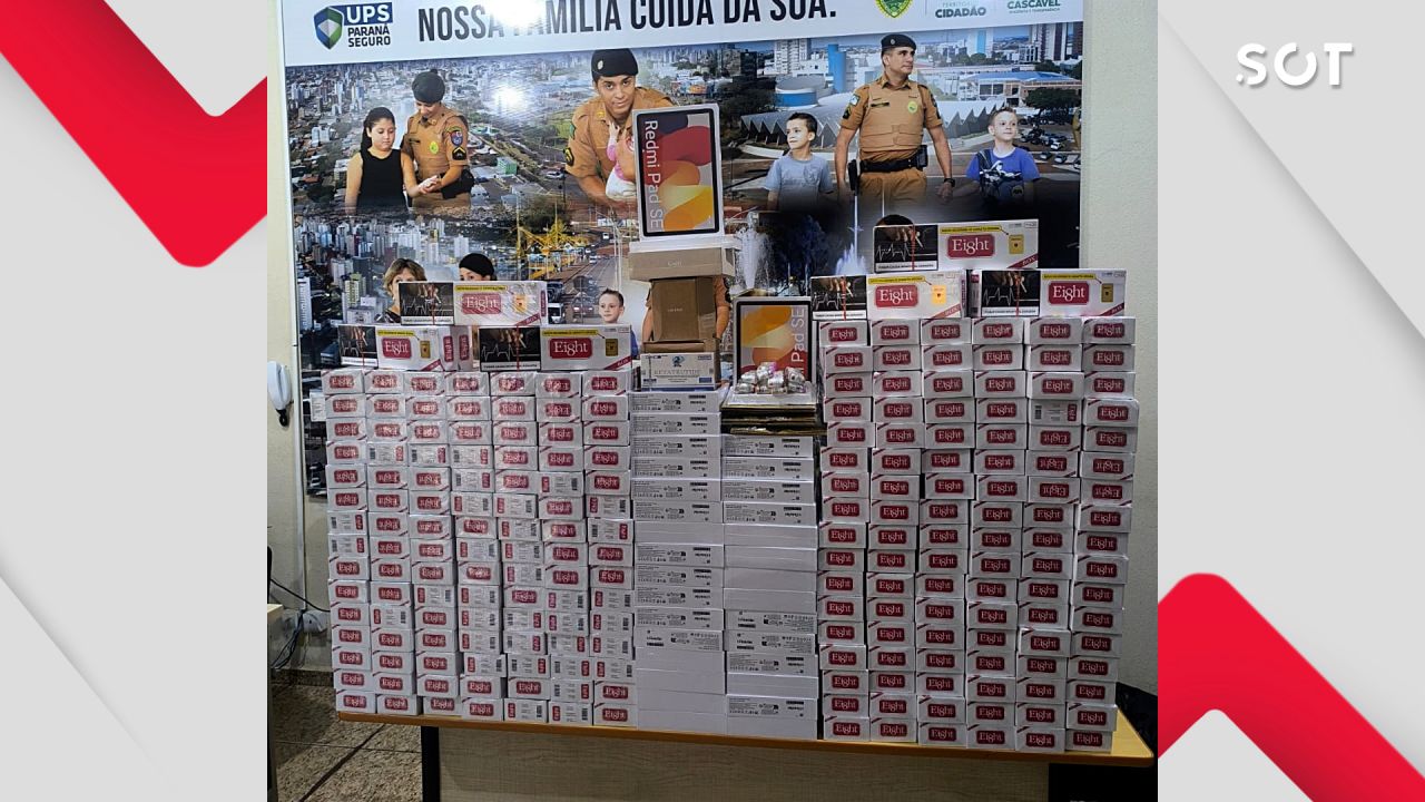 PM desmonta esquema e apreende eletrônicos, cigarros e medicamentos ilegais em ônibus de viagem