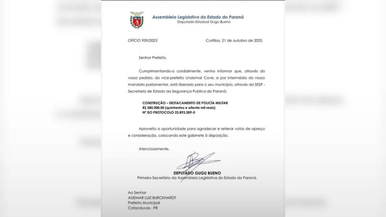 Catanduvas conquista R$ 580 mil para novo Destacamento da Polícia Militar e reforça segurança na cidade