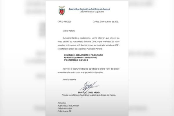 Catanduvas conquista R$ 580 mil para novo Destacamento da Polícia Militar e reforça segurança na cidade
