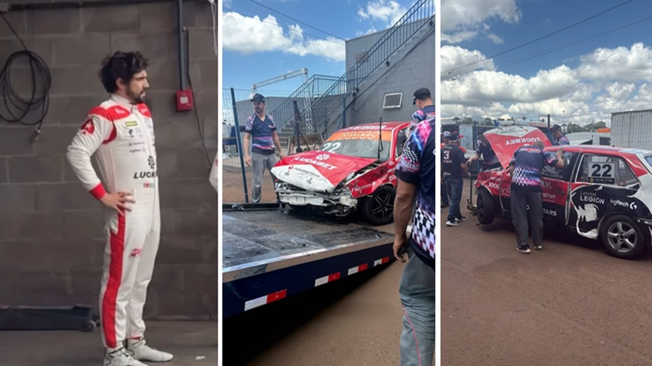 Caio Castro perde o controle e colide carro contra a barreira de pneus em treino da Cascavel de Ouro