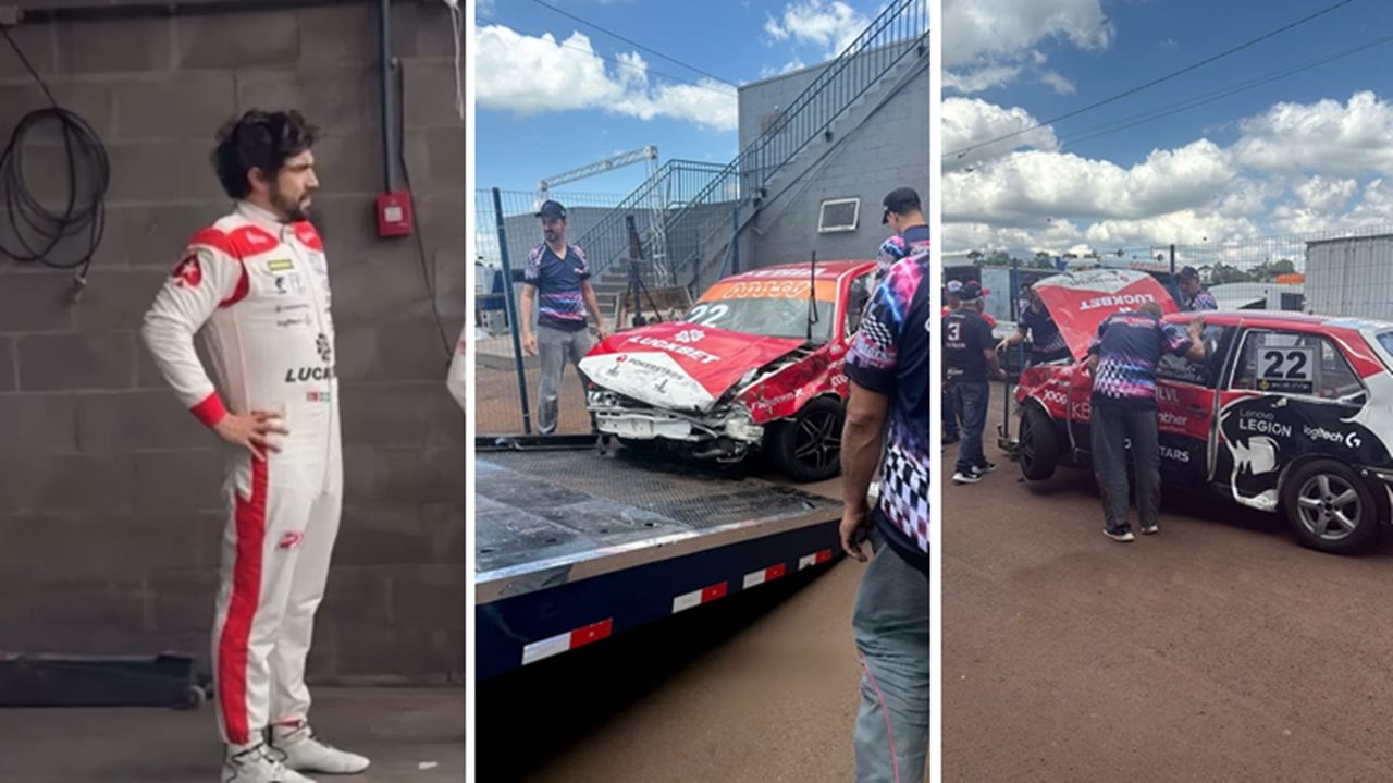 Caio Castro perde o controle e colide carro contra a barreira de pneus em treino da Cascavel de Ouro