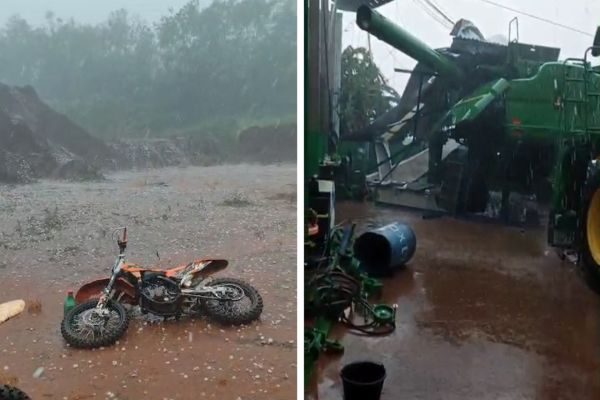 Imagem referente a notícia: Temporal com granizo transforma ruas em “tapete branco” e causa estragos em Entre Rios do Oeste