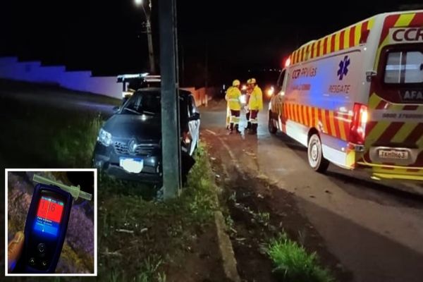 Motorista embriagado destrói carro em colisão com poste na BR-376 e acaba preso pela PRF