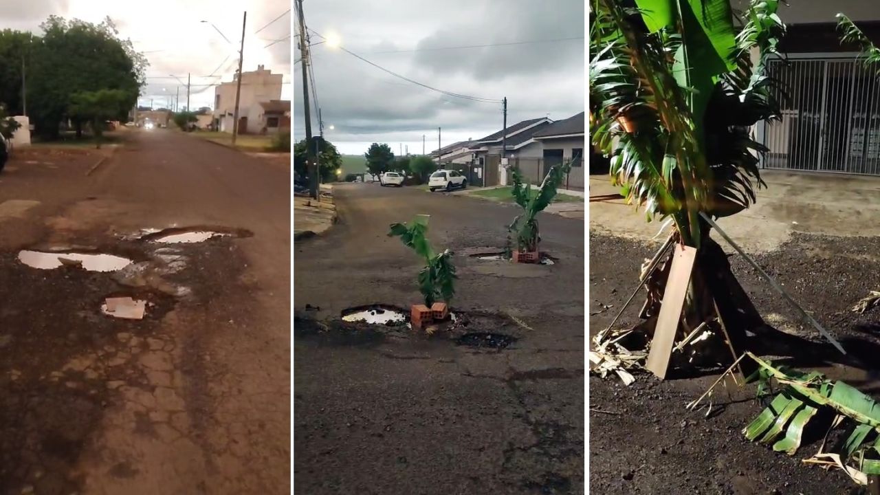 Moradores do Jardim Veneza improvisam sinalização para alertar motoristas sobre buracos na via e cobram ação do poder público
