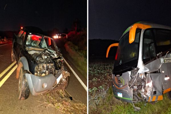 Imagem referente a notícia: Grave colisão frontal entre ônibus e caminhonete deixa motorista ferido na PR-180 em Cascavel