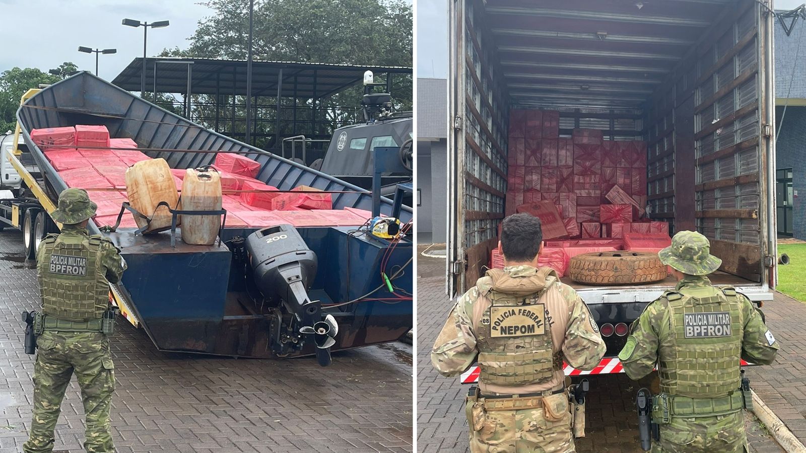 BPFRON e PF apreendem barco e caminhão com carga milionária de cigarros contrabandeados em Guaíra