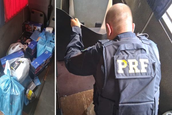 Imagem referente a notícia: PRF apreende eletrônicos e medicamentos ilegais em ônibus de turismo em Cascavel