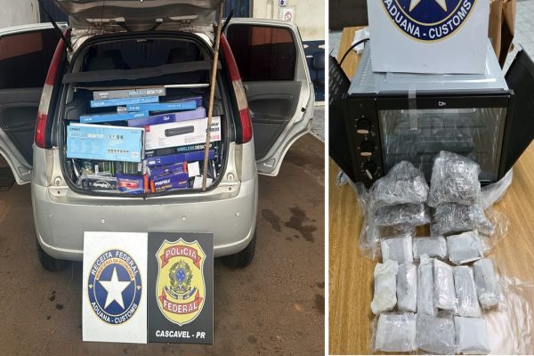 Imagem referente a notícia: Receita Federal e Polícia Federal apreendem R$ 200 mil em mercadorias e drogas escondidas em forno elétrico em Cascavel