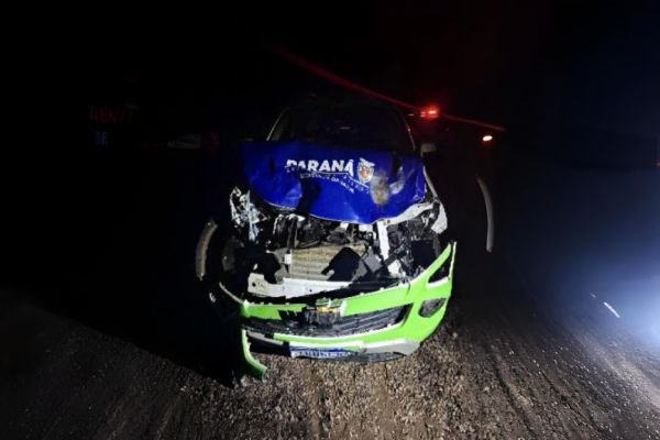 Imagem referente a notícia: Automóvel da Prefeitura de Santa Helena fica destruído após atingir dois animais na PR-488