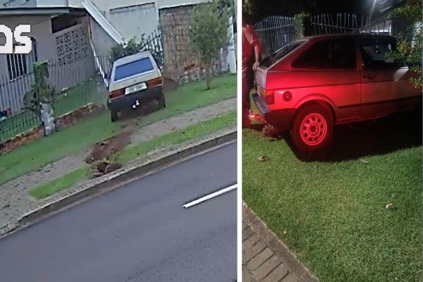 Imagem referente a notícia: Gol conduzido por menor de idade, atropela placa e arrebenta muro de casa em Cascavel