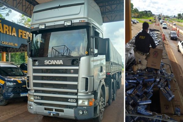 PRF apreende carreta carregada com cigarros na BR-277, em Cascavel