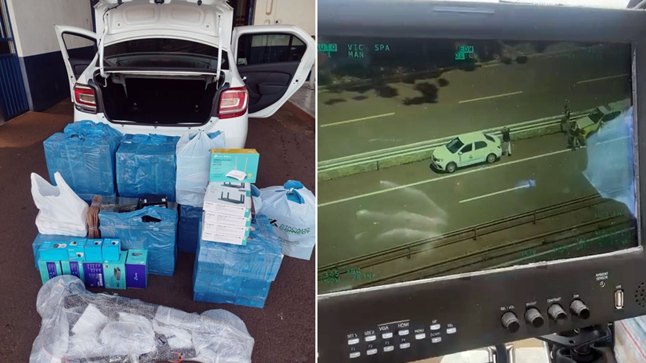 Helicóptero da PM auxilia na apreensão de mercadorias irregulares na BR-277, em Cascavel