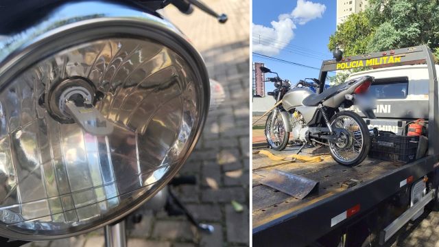 Imagem referente a notícia: Condutor sem CNH é abordado pela PM em moto com pneu careca, LED irregular e com R$ 6 mil em multas