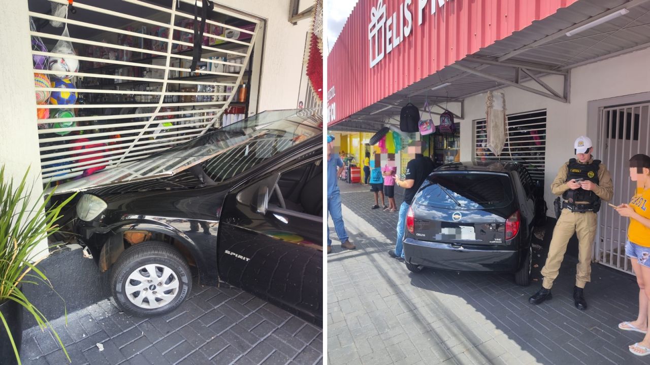 Colisão entre veículos provoca danos em fachada de comércio no cruzamento da Rua Xavantes com a Rua Carijós