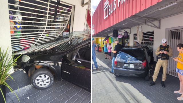 Colisão entre veículos provoca danos em fachada de comércio no cruzamento da Rua Xavantes com a Rua Carijós