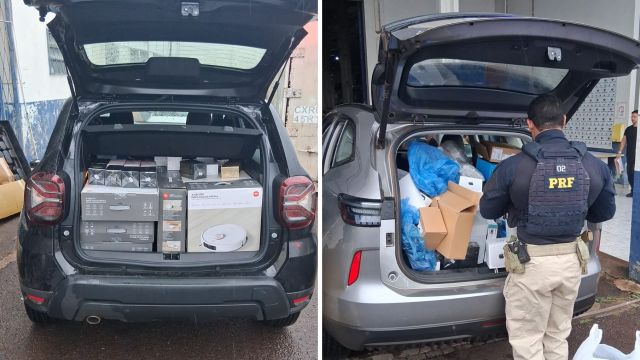 Imagem referente a notícia: Comboio interceptado: PRF e Receita Federal apreendem três carros lotados de eletrônicos em Cascavel