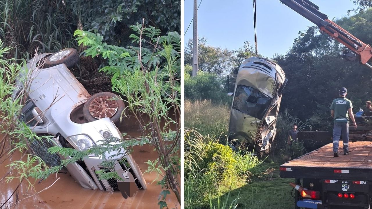 Carro despenca em rio na PR-180 em Cascavel e mobiliza Siate