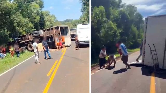 Caminhão tomba às margens da PR-473 e carga é saqueada por indígenas em Nova Laranjeiras