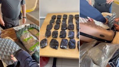 Imagem referente a notícia: Quase 10 kg de drogas em mala com fundo falso: brasileiras são presas em táxi paraguaio na fronteira