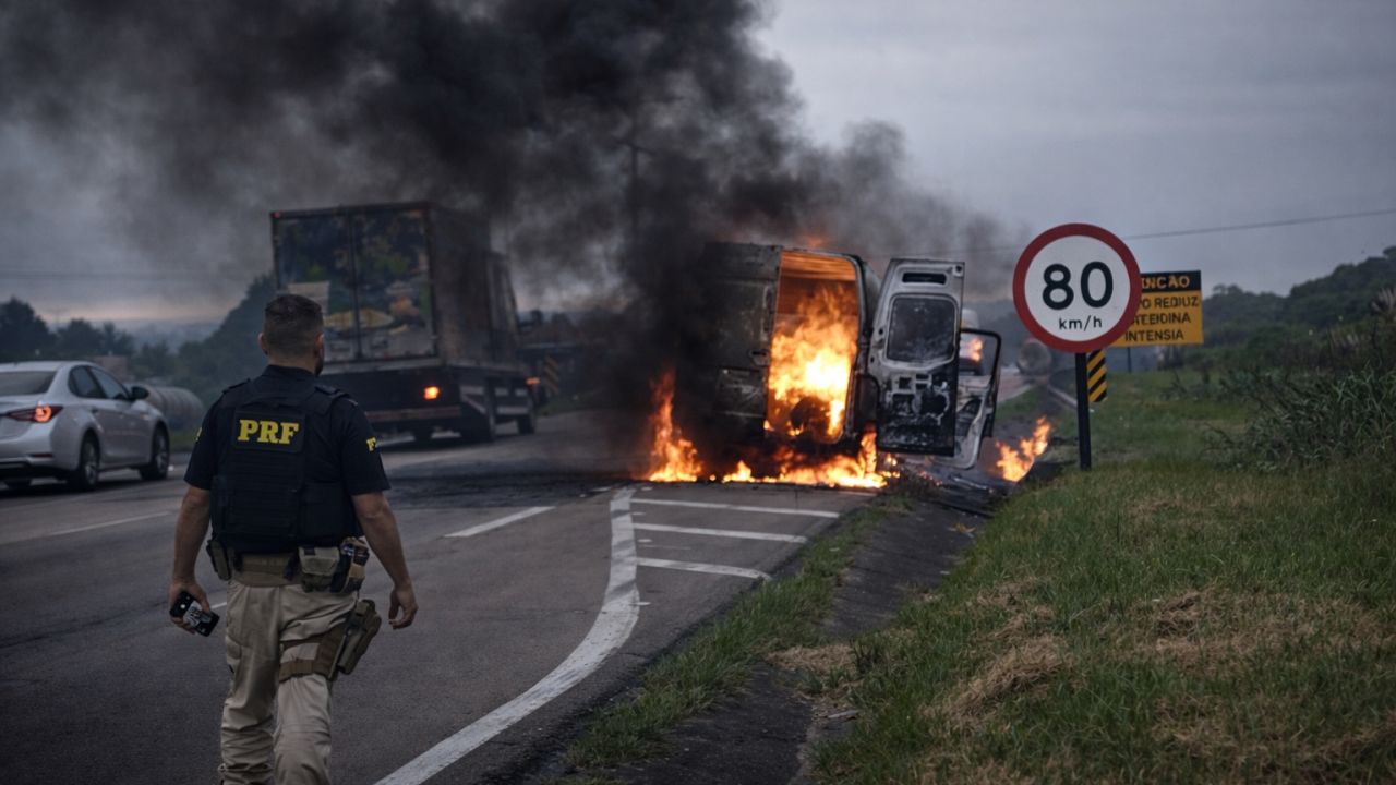 Van pega fogo após pedágio de São Luiz do Purunã na BR-277, em Balsa Nova