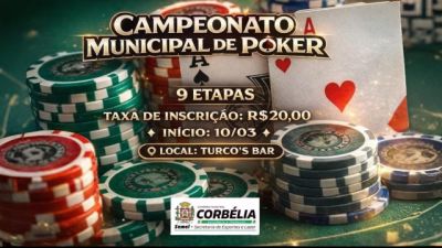 Imagem referente a notícia: Campeonato Municipal de Poker começa dia 10 de março em Corbélia e promete disputa acirrada em 9 etapas