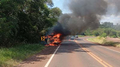 Imagem referente a notícia: Kombi pega fogo às margens da PR-239 e mobiliza equipes de emergência no Oeste do Paraná