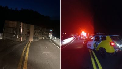 Imagem referente a notícia: Carreta tomba e interdita rodovia PR-484 entre Três Barras do Paraná e Quedas do Iguaçu; motorista é socorrido com dores no tórax e na perna