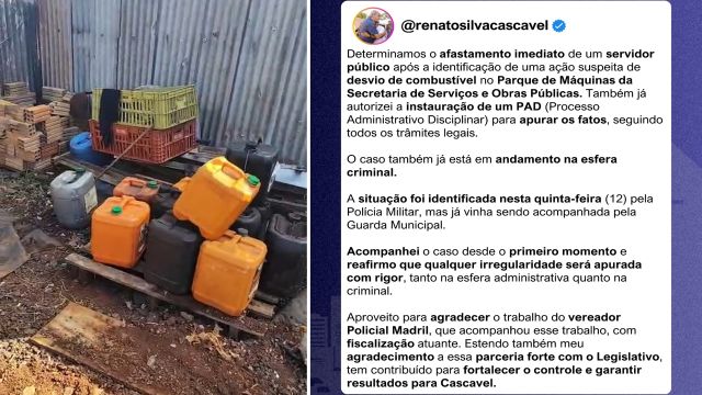 Imagem referente a notícia: Renato Silva, determina afastamento de servidor após suspeita de desvio de combustível em Cascavel