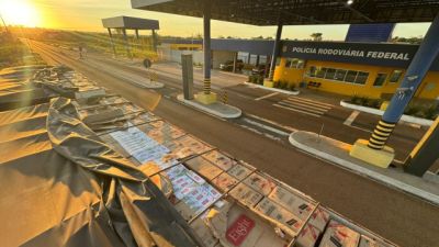 Imagem referente a notícia: PRF apreende 600 mil maços de cigarros contrabandeados escondidos em carga de soja na BR-487
