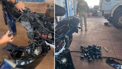 Imagem referente a notícia: PRF prende mulher com 7,6 kg de haxixe escondidos em moto adulterada na BR-163, em Toledo