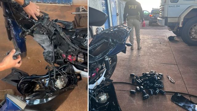 Imagem referente a notícia: PRF prende mulher com 7,6 kg de haxixe escondidos em moto adulterada na BR-163, em Toledo