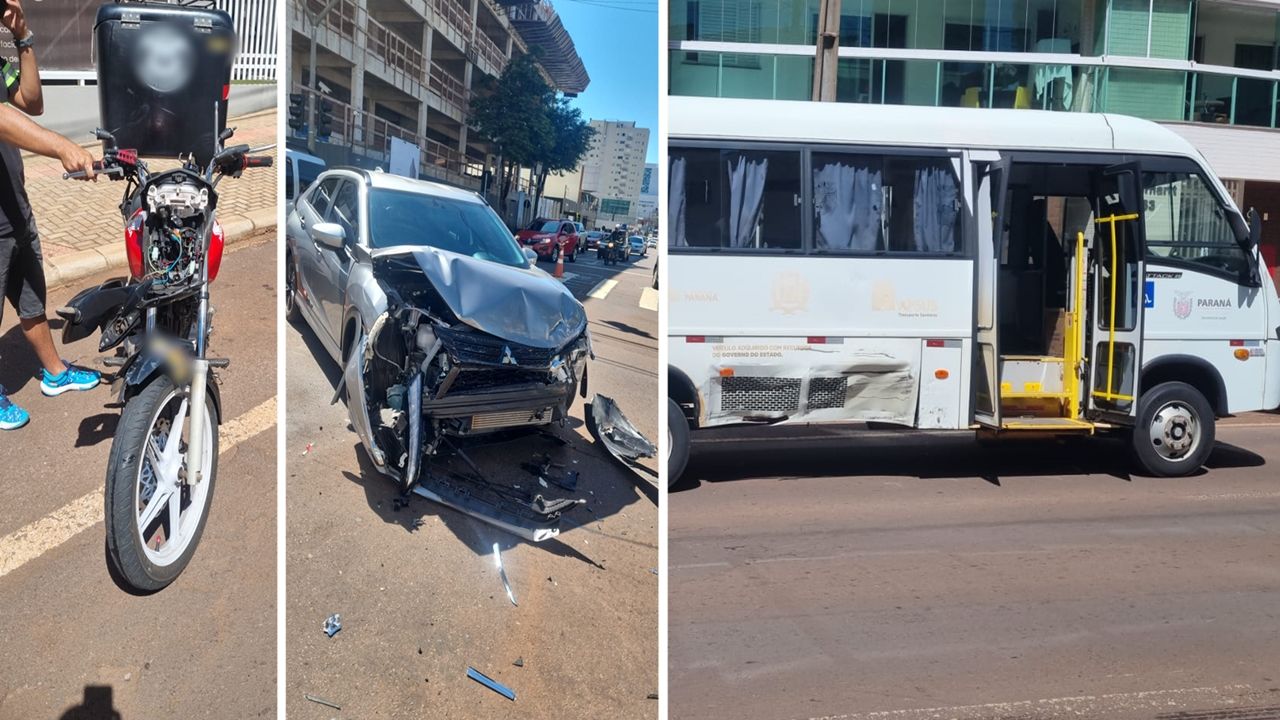 Ônibus avança sinal vermelho e provoca acidente com moto e carro em Cascavel