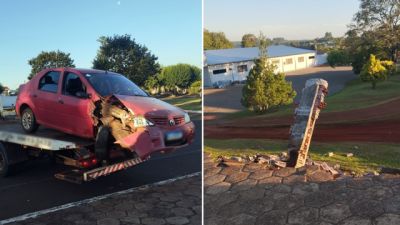 Imagem referente a notícia: Motorista é preso por embriaguez após colidir carro contra muro de órgão público em Quedas do Iguaçu