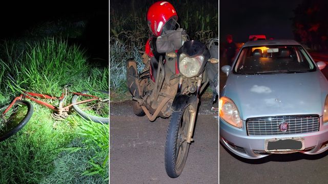 Imagem referente a notícia: Acidente envolvendo moto e carro de Cascavel e bicicleta deixa dois feridos na PR-182 em Toledo