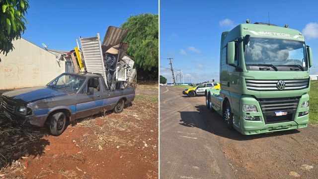 Colisão lateral entre caminhão e picape é registrada no bairro Santa Cruz, em Cascavel