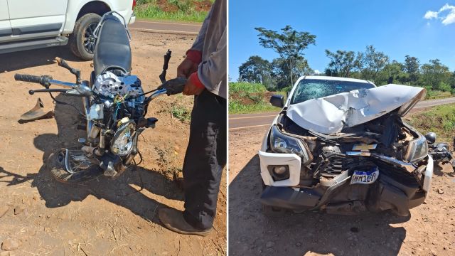 Colisão frontal entre moto e caminhonete deixa jovem ferido na PR-495 em Medianeira