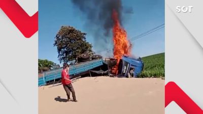 Imagem referente a notícia: Violenta colisão entre carro e caminhão provoca incêndio, interdita rodovia e deixa motorista em estado grave na BR-277 em Céu Azul