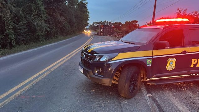 Caminhão tomba na BR-153 em Rio Azul e deixa motorista ferido