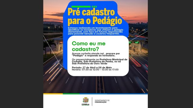 Imagem referente a notícia: Prefeitura de Corbélia inicia hoje levantamento sobre uso do pedágio e abre cadastro para população