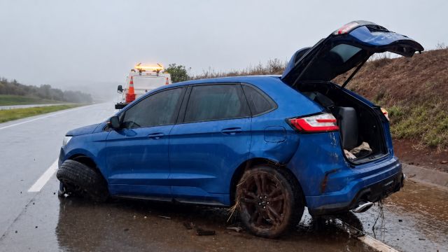 Imagem referente a notícia: Carro sai da pista após pneu estourar na BR-163 em Cascavel