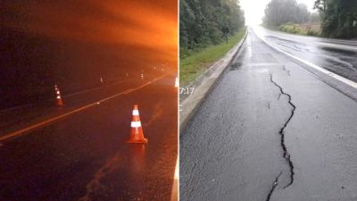Imagem referente a notícia: Interdição parcial na BR-277 em Palmeira desvia tráfego após danos no pavimento