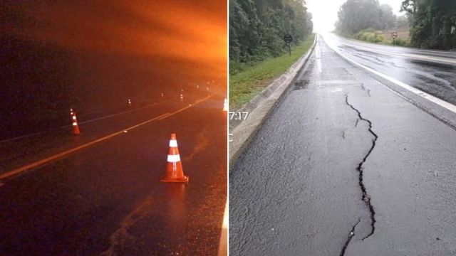 Imagem referente a notícia: Interdição parcial na BR-277 em Palmeira desvia tráfego após danos no pavimento