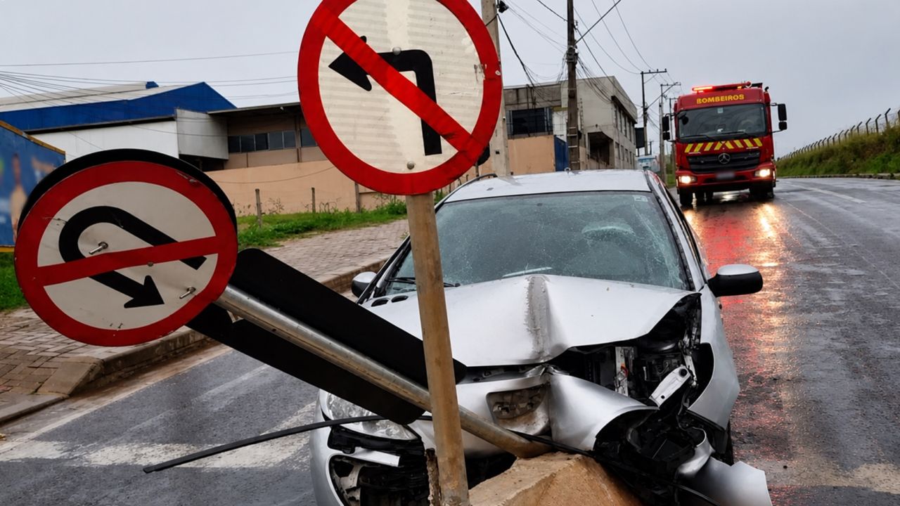 Motorista fica ferido após bater Peugeot 207 contra mureta e derrubar placas na Rua Souza Naves em Cascavel