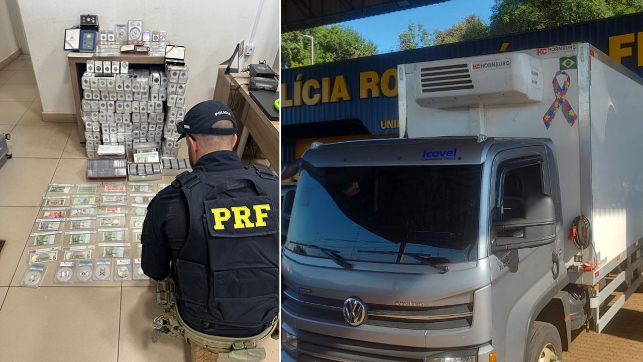 PRF apreende coleção rara com 2,5 mil moedas e 400 cédulas estrangeiras em caminhão na BR-277, em Cascavel