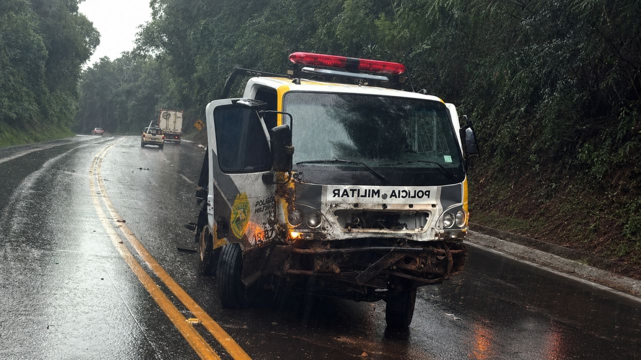 Caminhão da Polícia Militar sai da pista e bate em barranco na BR-277, em Virmond