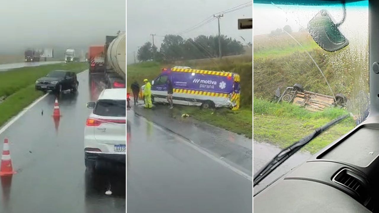 Ambulância da Motiva Paraná se envolve em grave acidente com caminhão e dois carros na BR-376