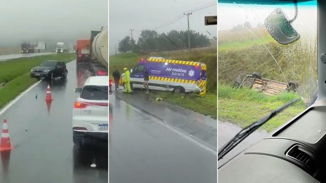 Imagem referente a notícia: Ambulância da Motiva Paraná se envolve em grave acidente com caminhão e dois carros na BR-376