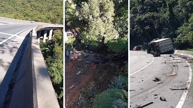Imagem referente a notícia: Caminhão despenca em ribanceira de 70 metros e deixa uma vítima morta na BR-277, em Morretes