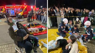 Imagem referente a notícia: Simulado de acidente com múltiplas vítimas mobiliza forças de segurança e saúde durante Maio Amarelo em Cascavel